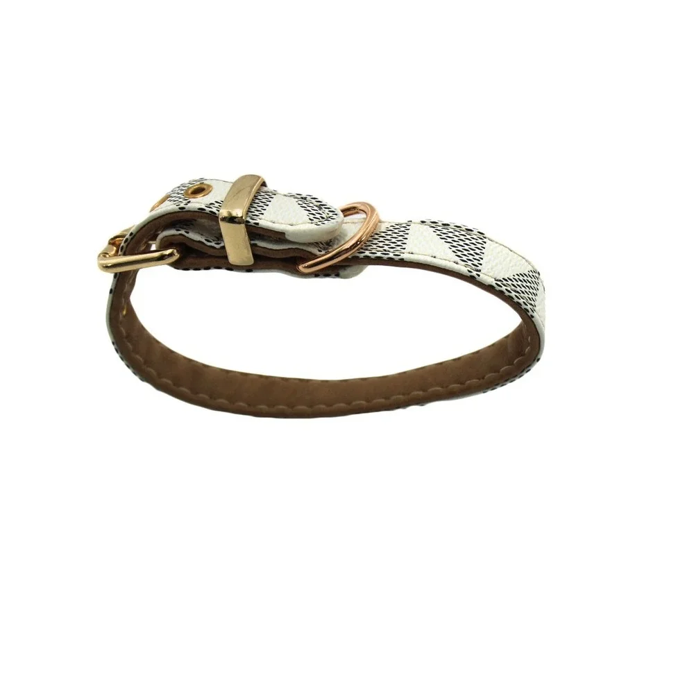 White Black Geometric Pattern Small Pet Collar Gold Tone Buckle WWK-GXQ-B-WH-S